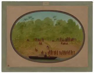 An Omagua Village - Boat Sketch, by George Catlin, oil, 1862
