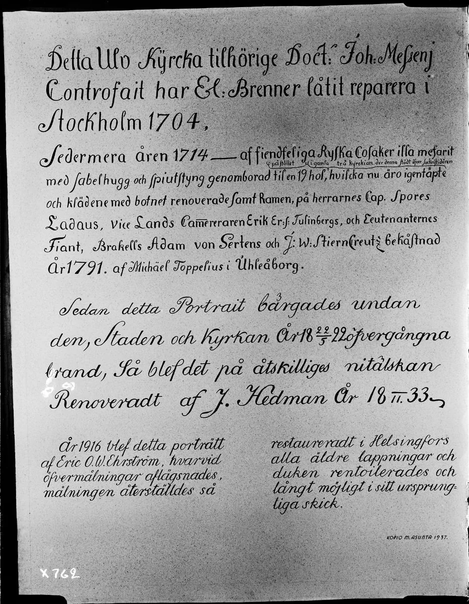 Johannes Messeniuksen muotokuvan selitystaulu, detail