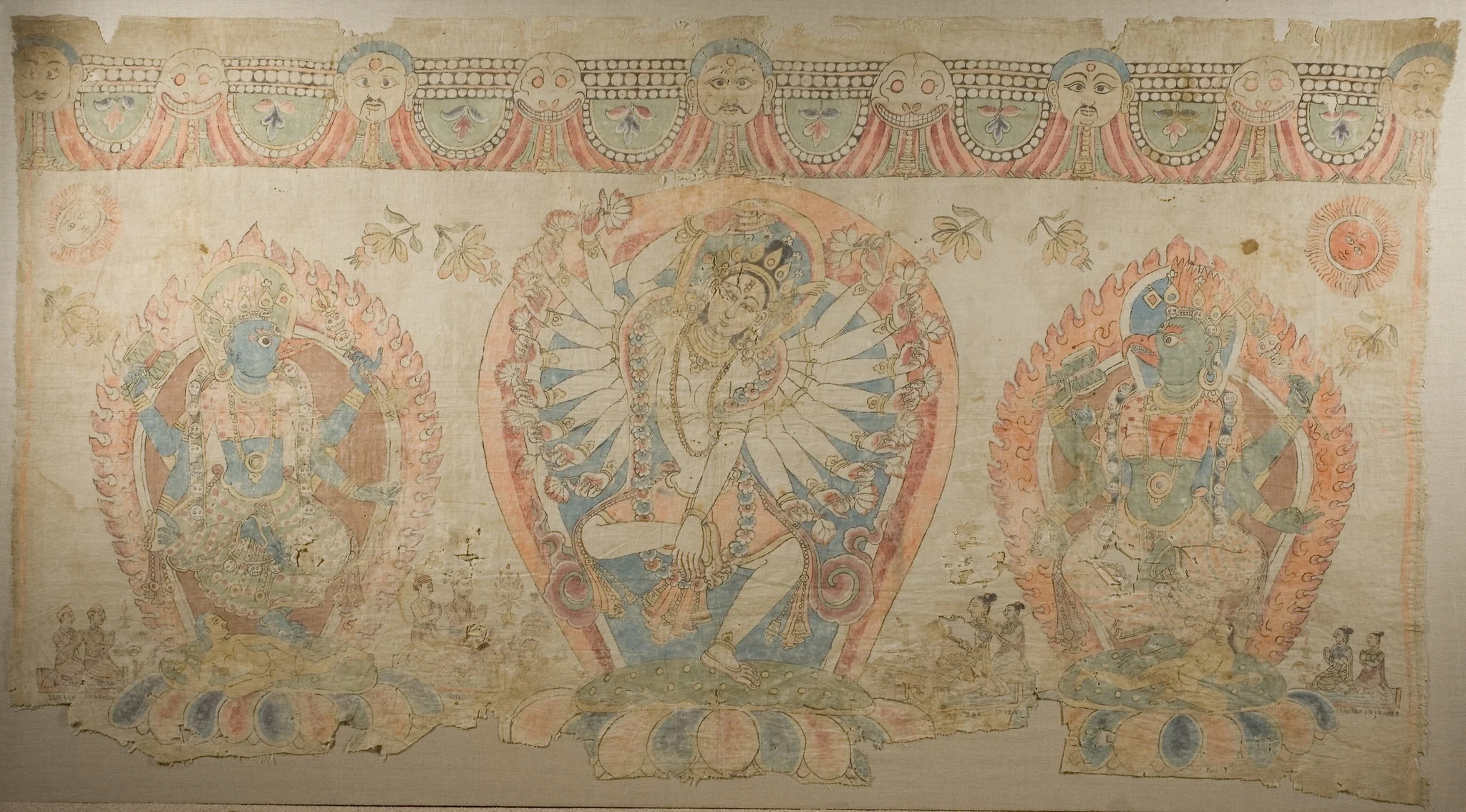 Tantric Temple Banner of a Dancing Goddess Flanked by Dakinis, detail
