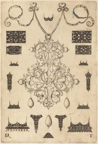 Large Pendant with Three Drops Below, Surrounded by Fifteen Different Studs, by Daniel Mignot, ink, 1593