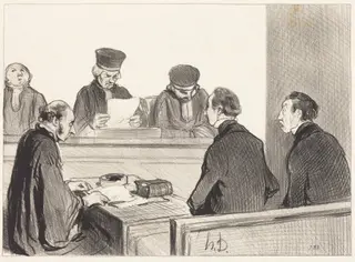 La Cour, vidant le délibéré..., by Honoré Daumier, ink, 1845