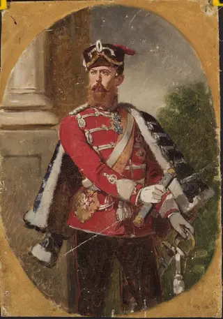 Portrait of a man in the uniform of the Imperial Guard hussar officer, by Jean Lulves, oil, 1871