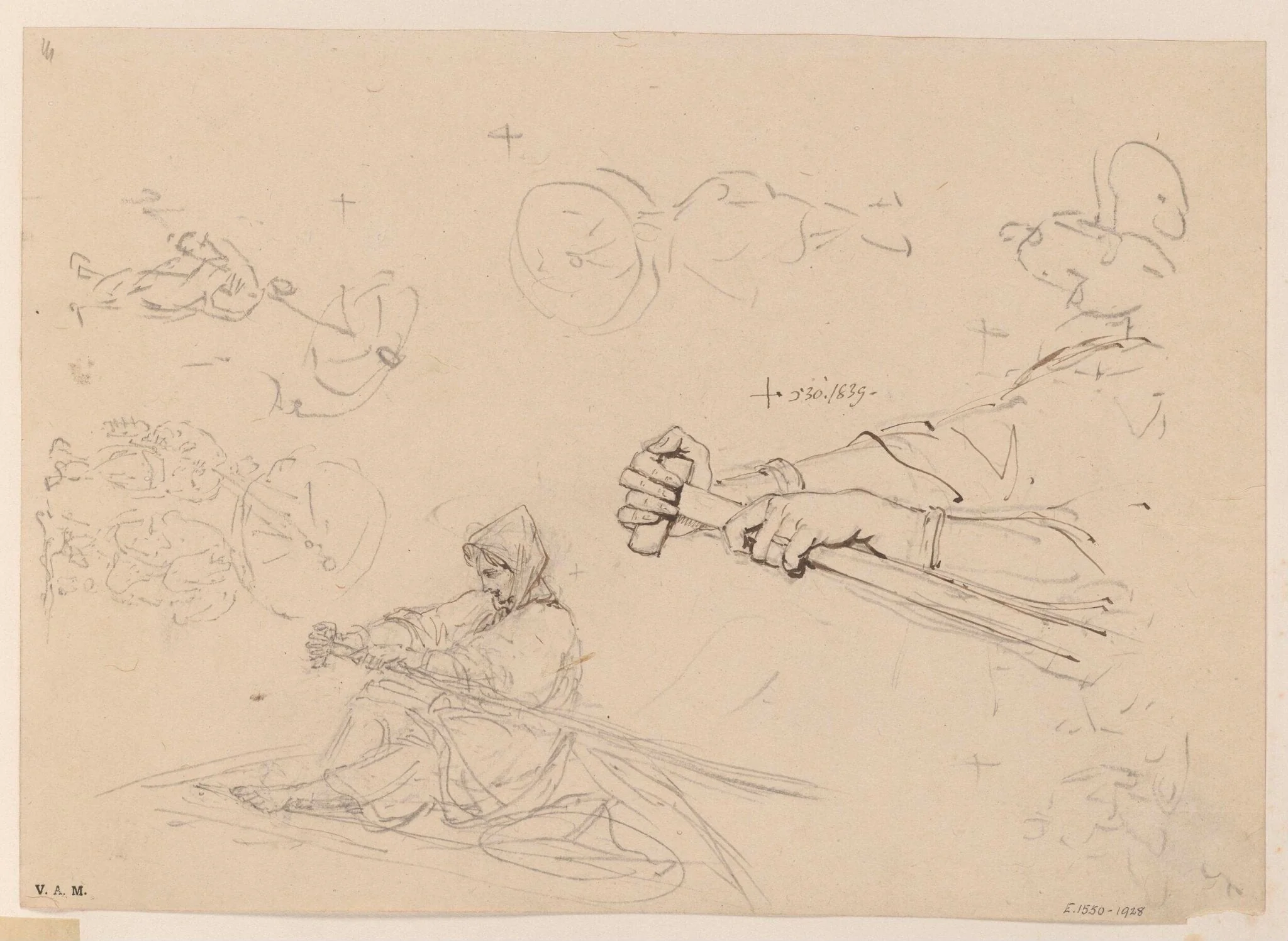 Drawings of a boatwoman rowing, and sketches of figures with parasols, detail