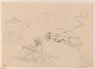 Drawings of a boatwoman rowing, and sketches of figures with parasols, by George Chinnery, 18
