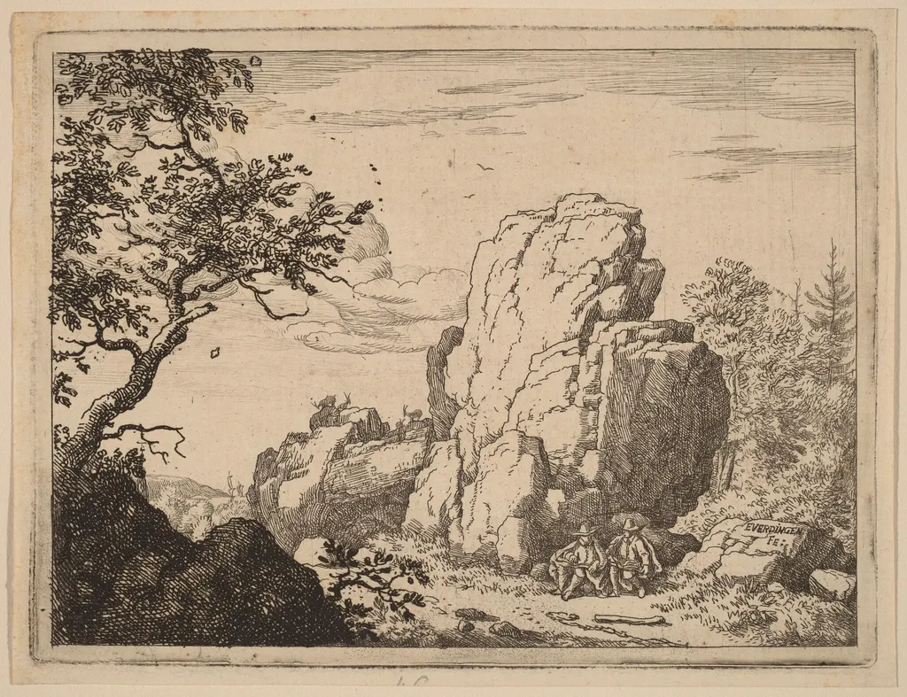 Two Men Seated at the Foot of a High Rock, by Allart van Everdingen, ink, 1650