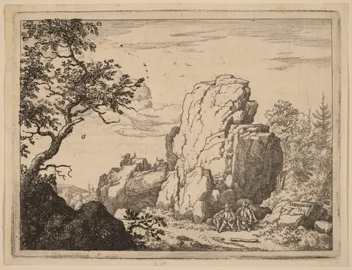 Two Men Seated at the Foot of a High Rock, by Allart van Everdingen, ink, 1650