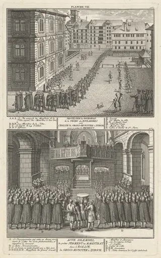 Procession des Bourgeois de la Tribu des Boulangers vers l’Eglise du Grossmunster à Zurich, pour y prêter le Serment; Acte Solemnel de prêter Serment au Magistrat dans l’eglise du Grossmunster à Zurich (Procession and Sermon at the Grossmunster), by David Herrliberger, ink, 1751