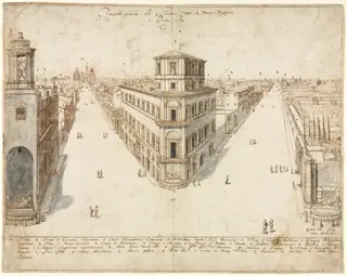 Eighteen Views of Rome: The Quattro Fontane Looking Toward Santa Maria Maggiore, by Lievin Cruyl, 1665