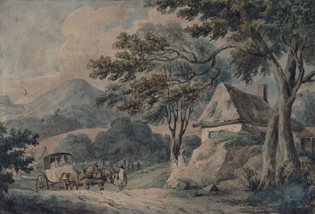 Landscape with cottage and postchaise, by Giacomo Cavedone, watercolor