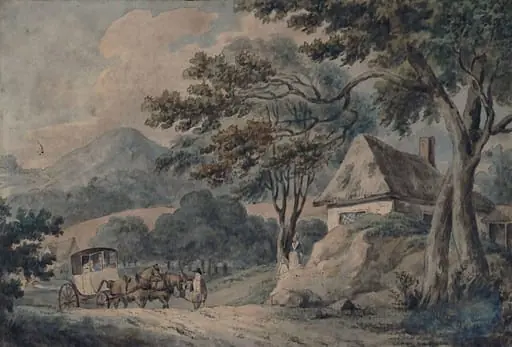 Landscape with cottage and postchaise, by Giacomo Cavedone, watercolor