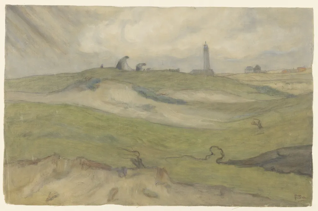 Dune landscape with lighthouse and fishing nets, by Frans Smissaert, unspecified, 1908