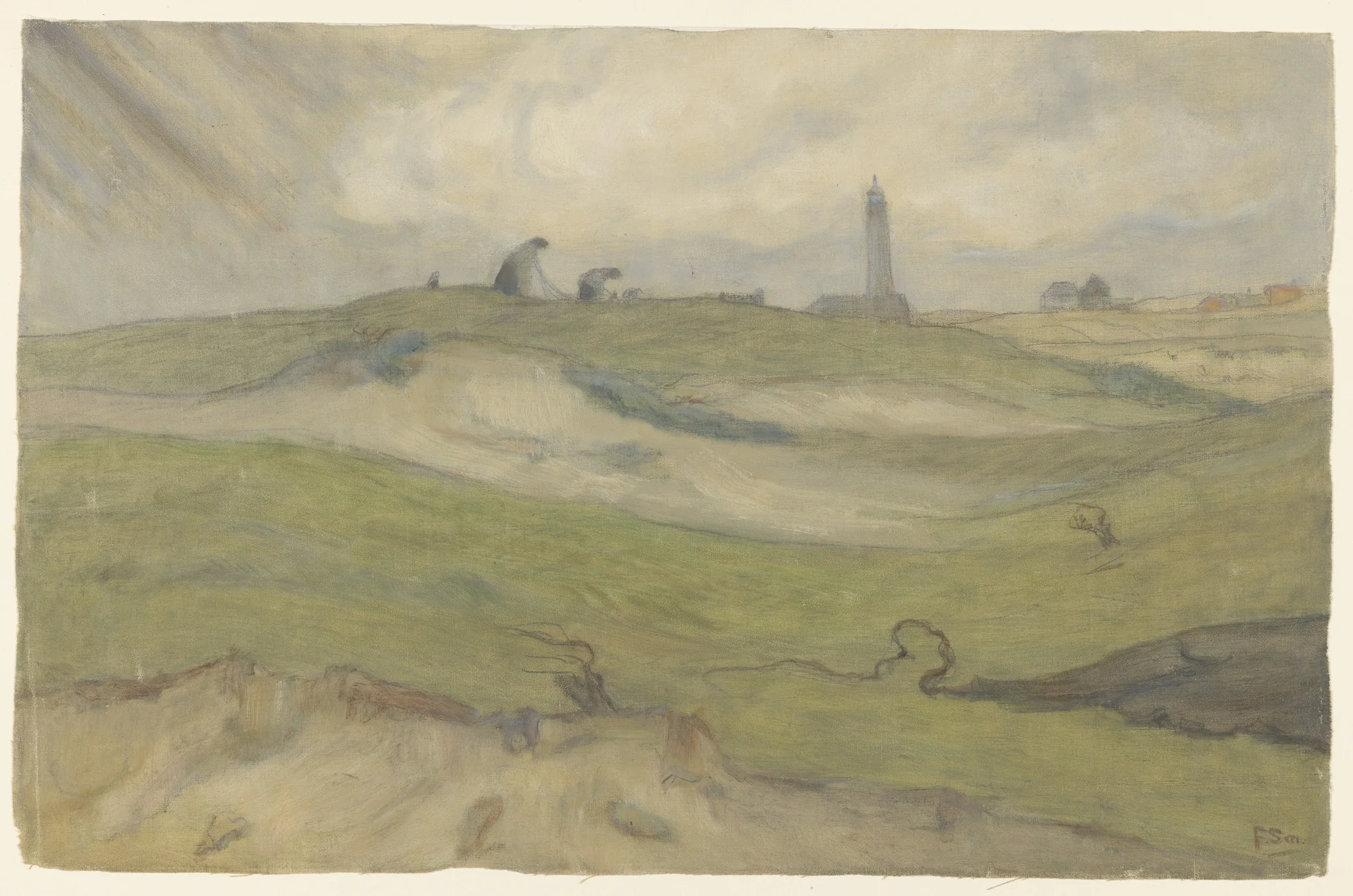 Dune landscape with lighthouse and fishing nets, detail