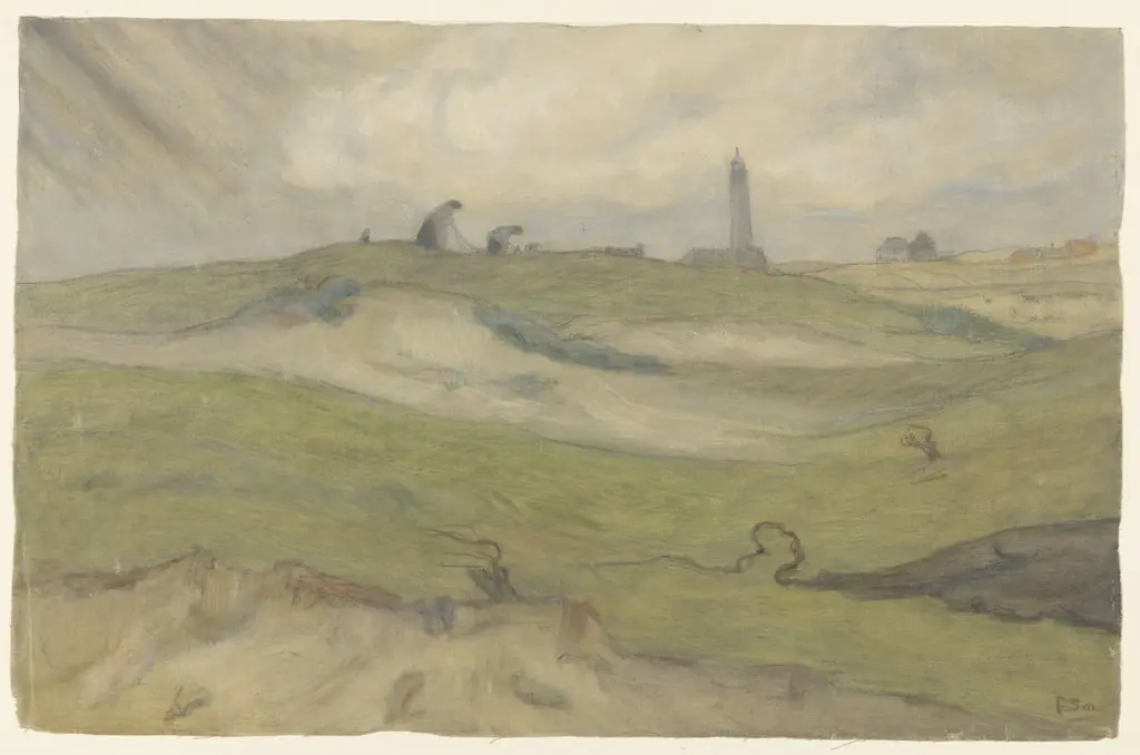 Dune landscape with lighthouse and fishing nets, by Frans Smissaert, unspecified, 1908