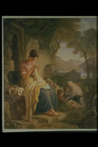 A Scottish peasant girl embroidering muslin at Luss, Loch Lomond, by Joshua Cristall, watercolor, 1846