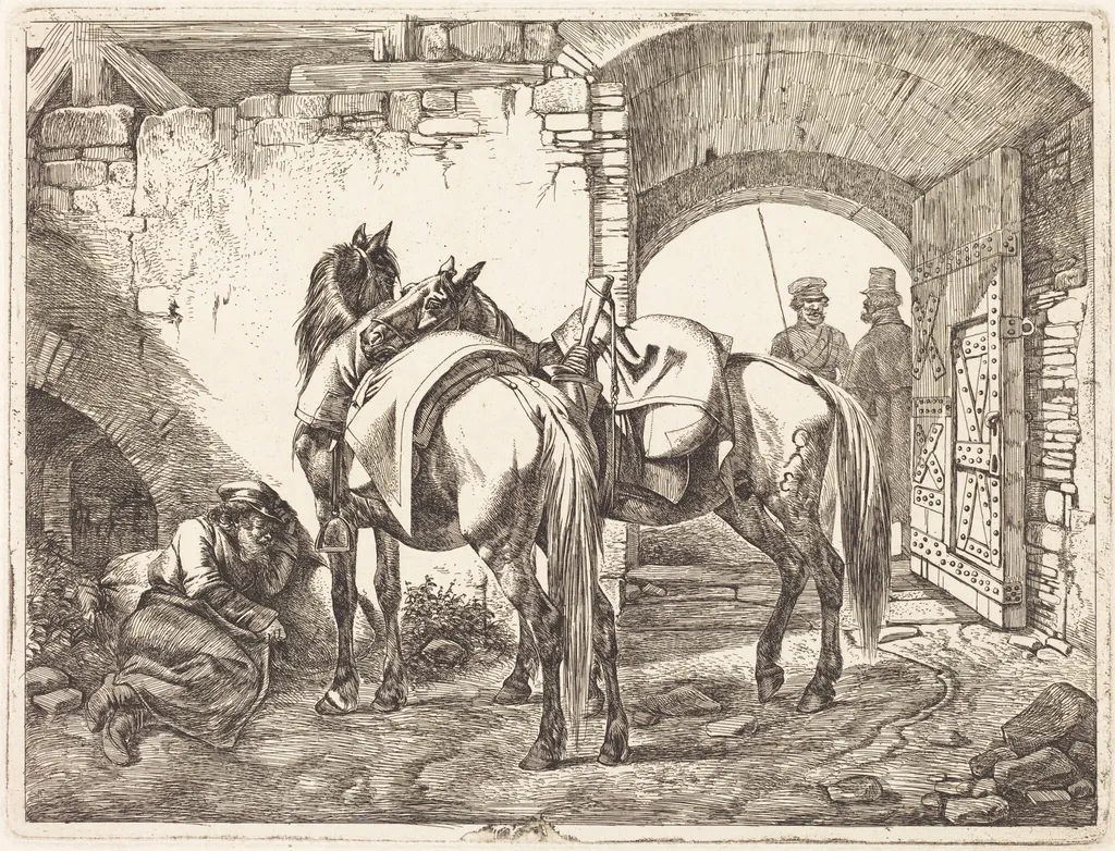 Cossack Horses in a Courtyard, by Johann Adam Klein, ink, 1818