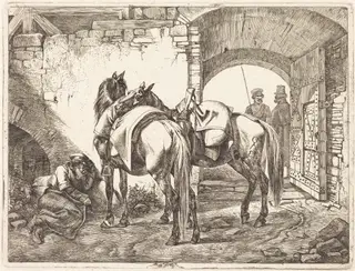 Cossack Horses in a Courtyard, by Johann Adam Klein, ink, 1818