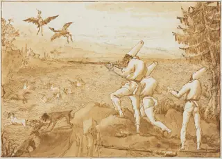 Punchinellos Hunting Waterfowl, by Giovanni Domenico Tiepolo, ink, 1800