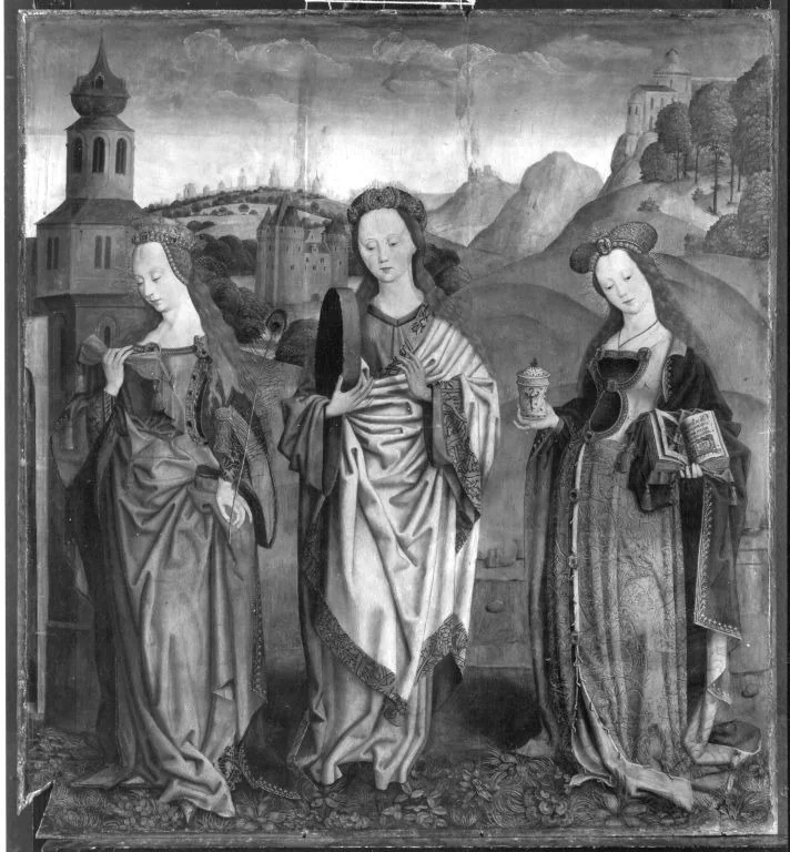 Beschneidungsaltar: Die hll. Barbara(?), Christina und Maria Magdalena, detail