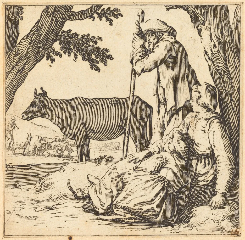 Peasant Couple with Cow, by Jacques Callot, ink, 1621