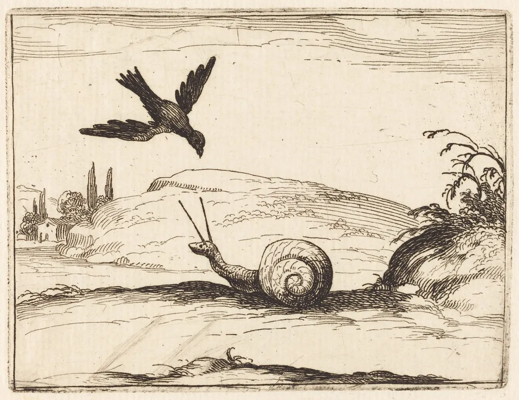 Crow and Snail, by Jacques Callot, ink, 1628