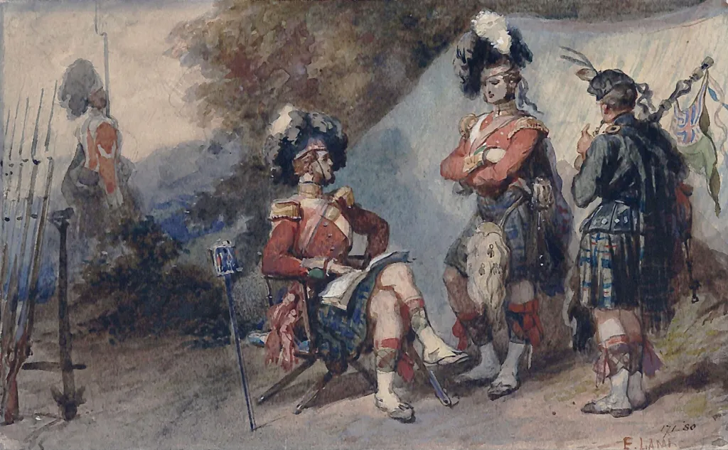 Officers at Cobham Camp, 1854, by Lami, watercolor, 1854