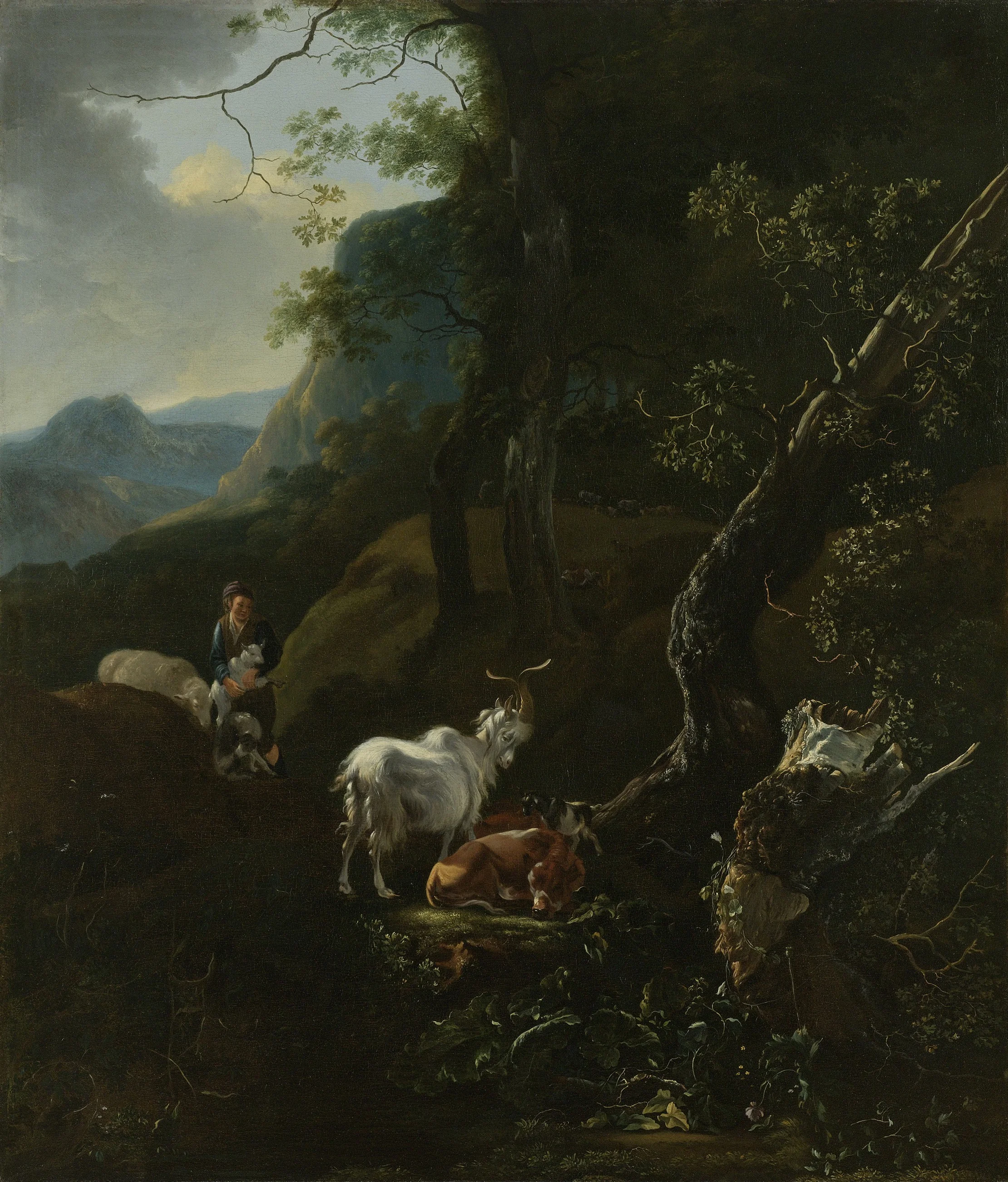 A sheperdess with her flock in a mountainous landscape, detail