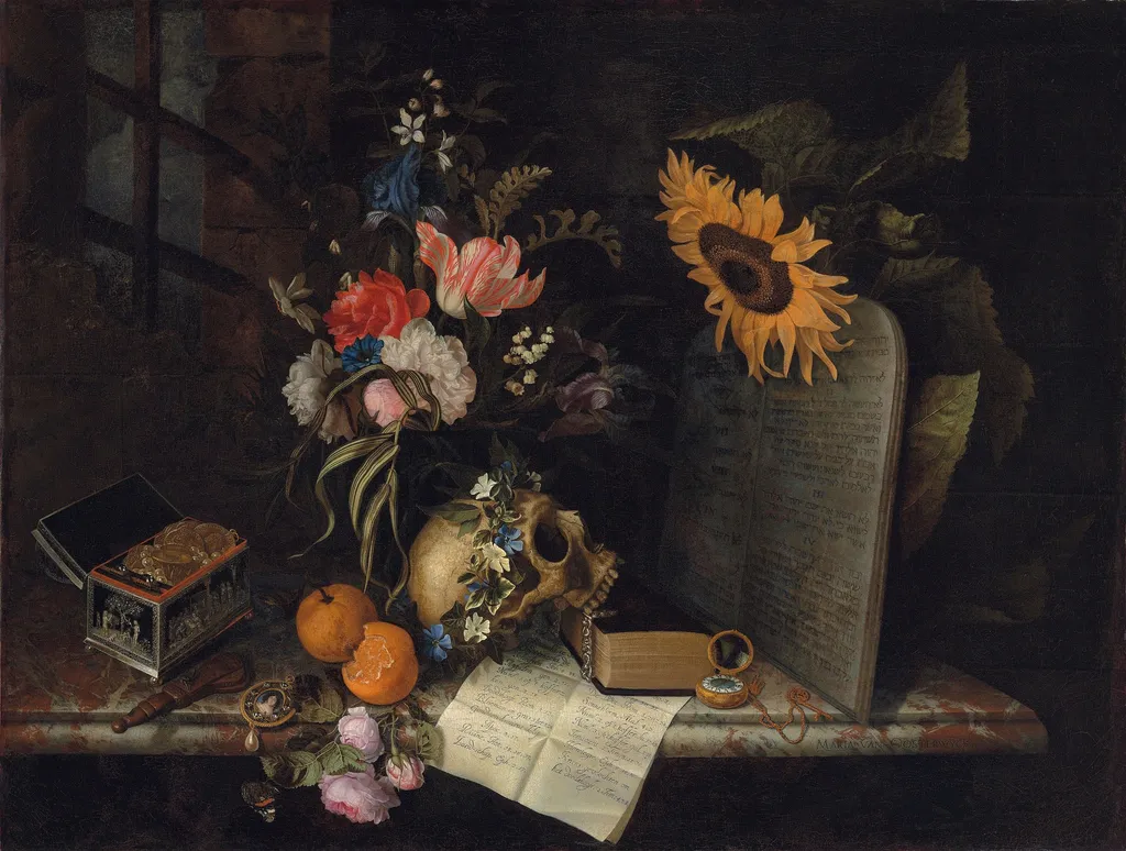 Vanitas Still Life with a Sunflower, by Jan Davidsz. de Heem, oil, 1674