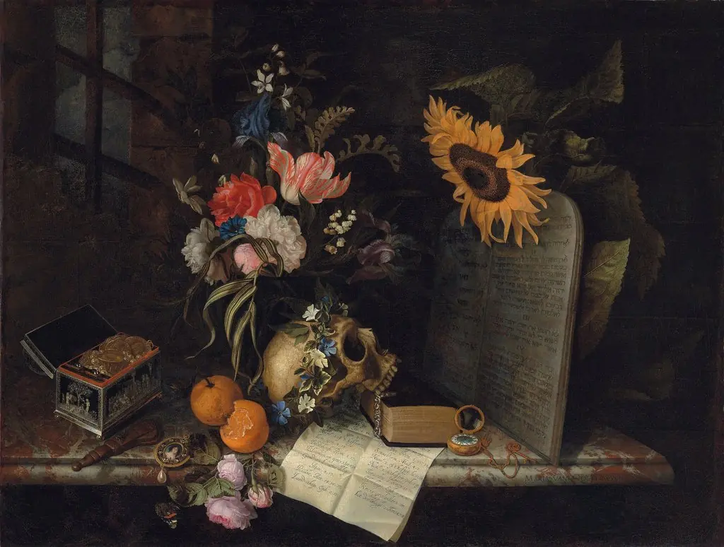 Vanitas Still Life with a Sunflower, by Jan Davidsz. de Heem, oil, 1674