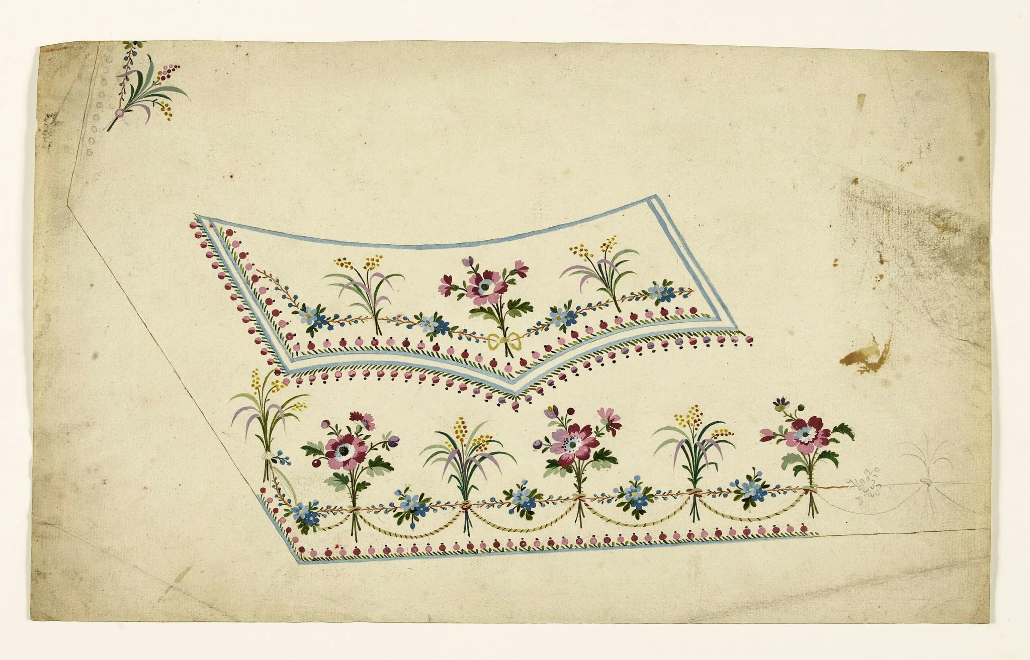Composition avec bouquets de fleurs liés par des cordons rayés et des guirlandes de fleurs, frises de perles pourpres, projets de broderies de gilet, XVIIIème siècle, detail