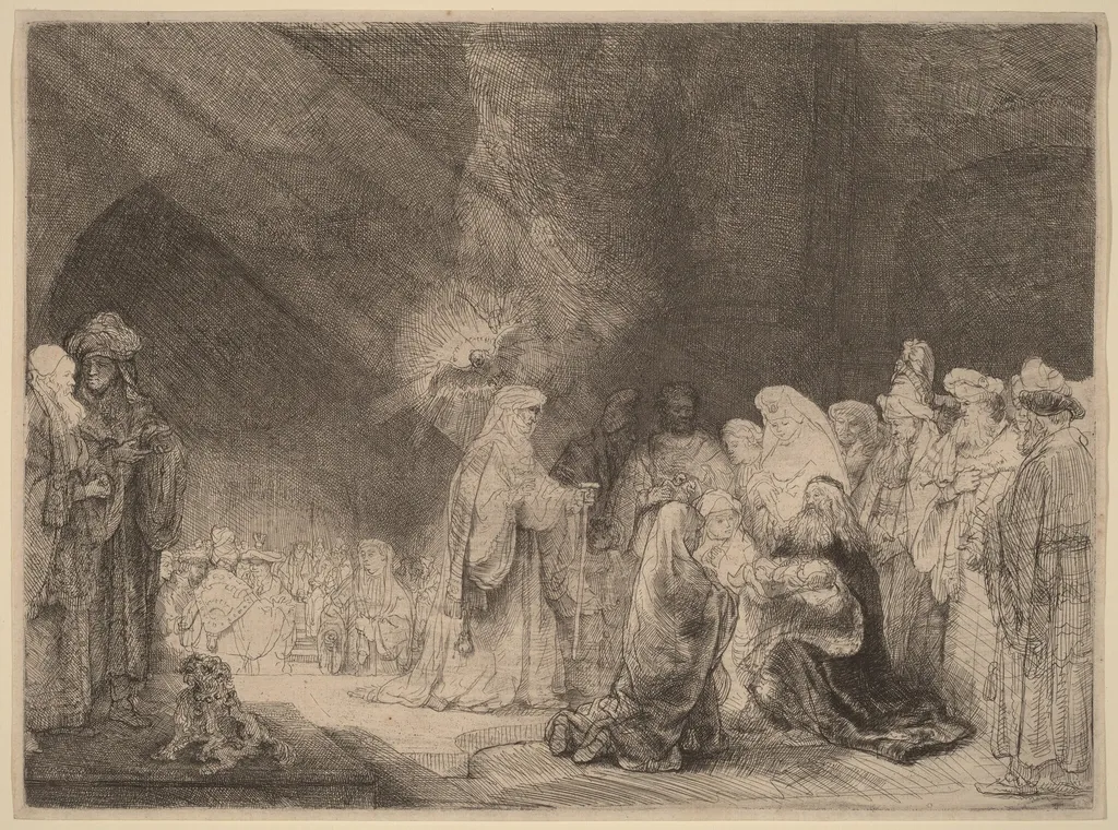 The Presentation in the Temple: Oblong Print, by Rembrandt, ink, 1639