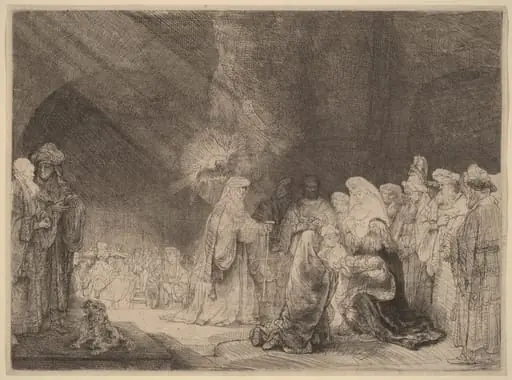 The Presentation in the Temple: Oblong Print, by Rembrandt, ink, 1639