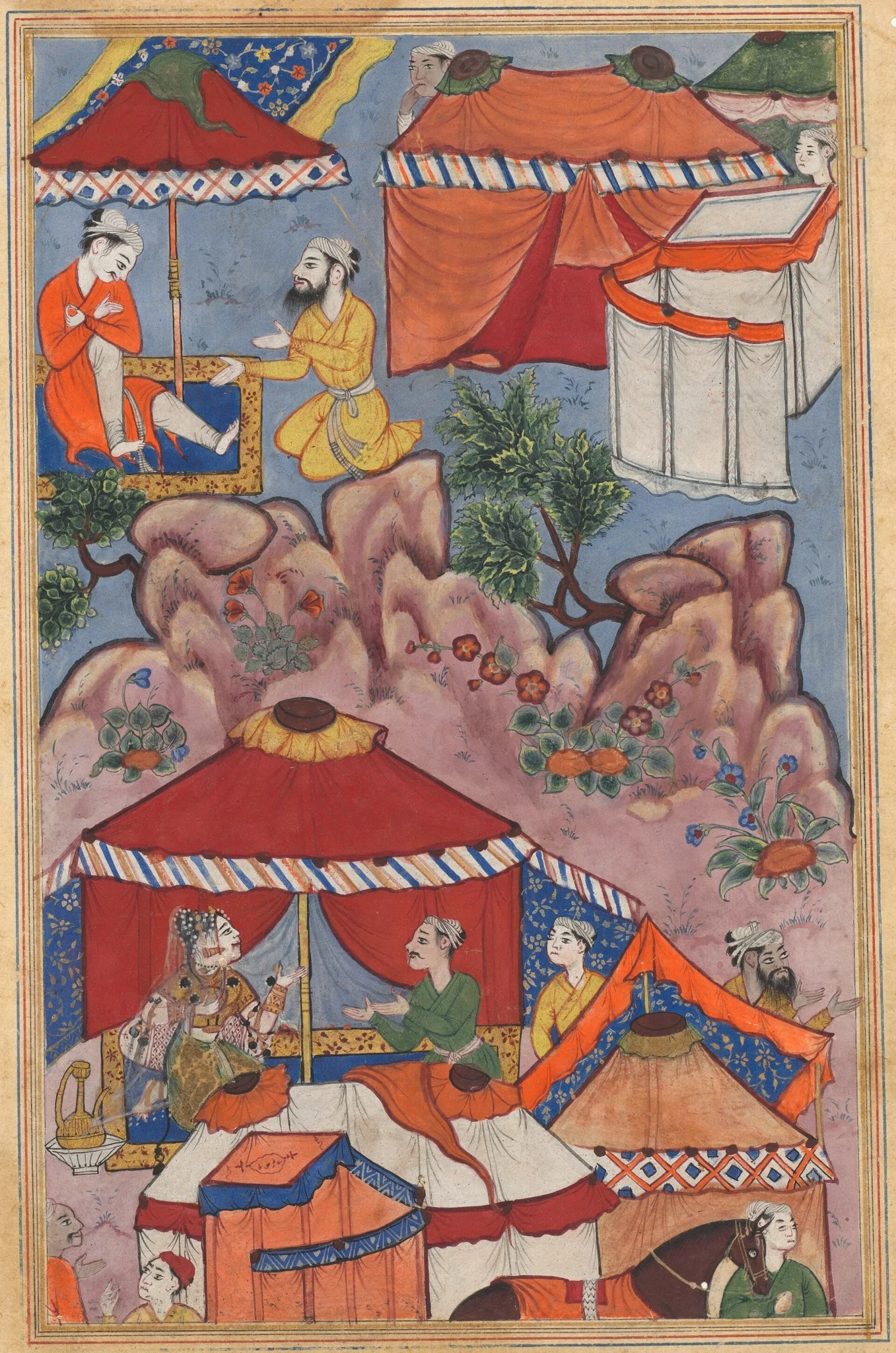 Bashir confides his love for Habbaza to an Arab friend, and sends him to her with a message, from a Tuti-nama (Tales of a Parrot): Twenty-fourth Night, detail