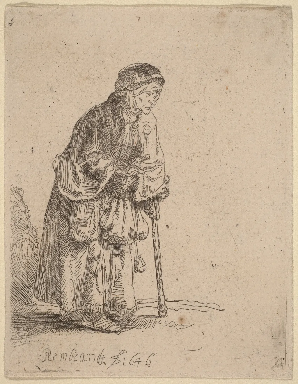Beggar Woman Leaning on a Stick, by Rembrandt van Rijn, ink, 1646
