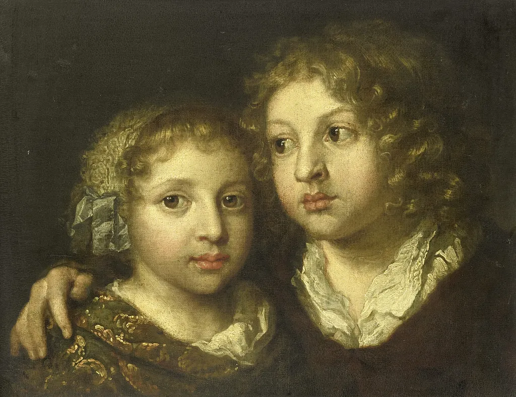 A daughter and a son (Constantijn?) of the artist, by Caspar Netscher, oil, 1672