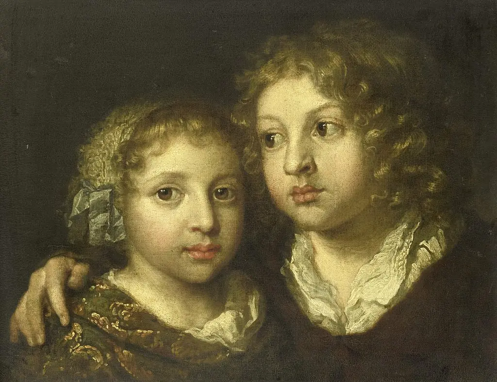 A daughter and a son (Constantijn?) of the artist, by Caspar Netscher, oil, 1672
