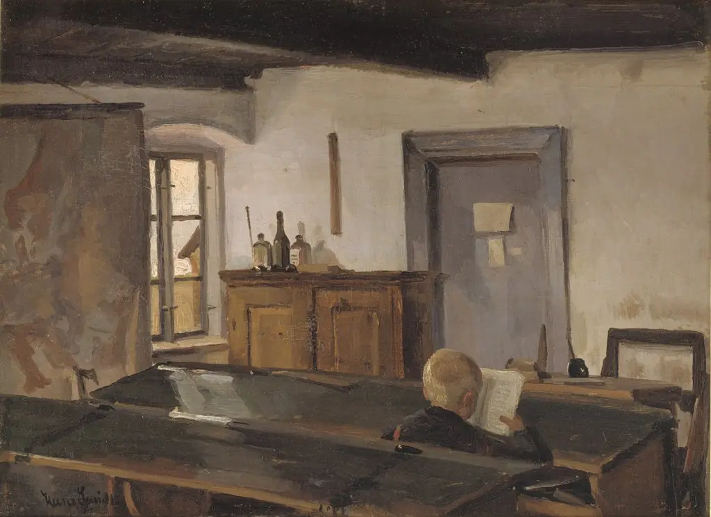 En skolestue med en læsende dreng, by Hans Smidth, oil, 1893