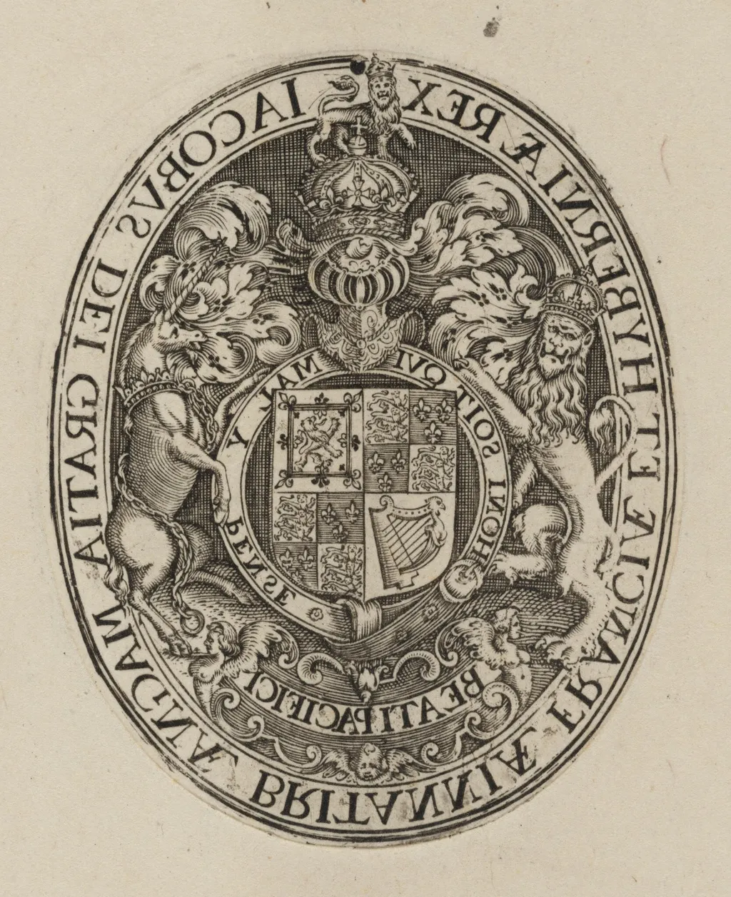 Shield of James I [bottom half], by Simon van de Passe, ink, 1621