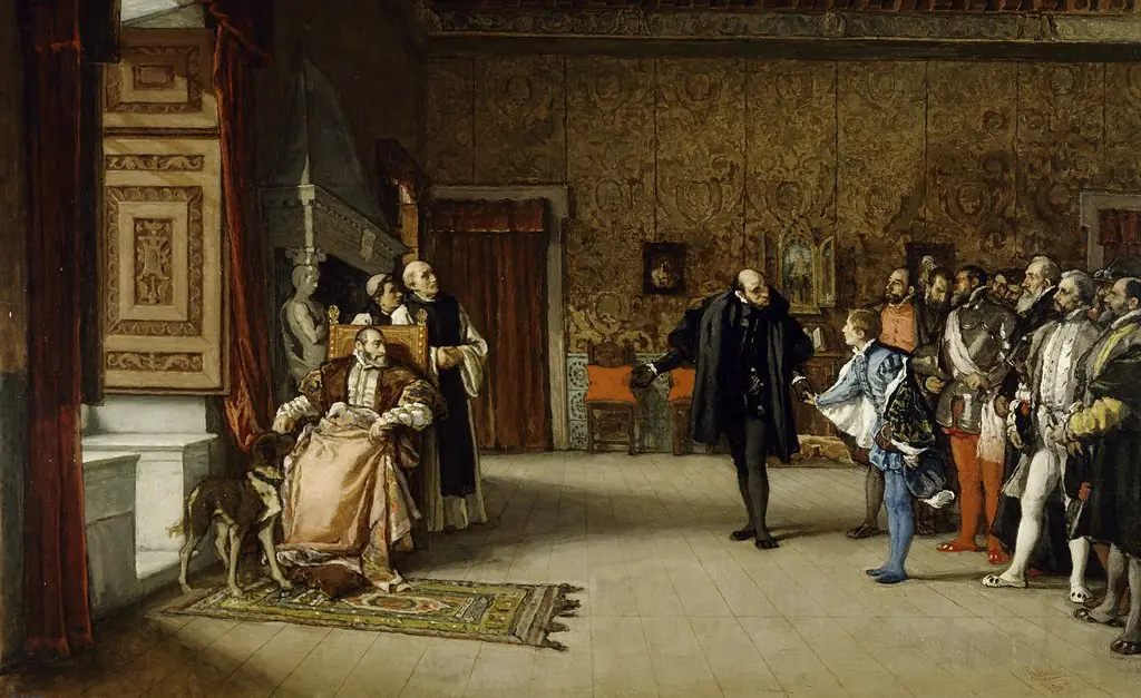 Juan de Austria's presentation to Emperor Carlos V in Yuste, by Eduardo Rosales, oil, 1869