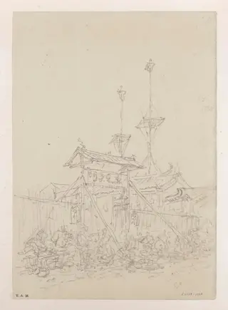 Market stalls by an entrance to a Chinese temple, Macau, by George Chinnery, 12