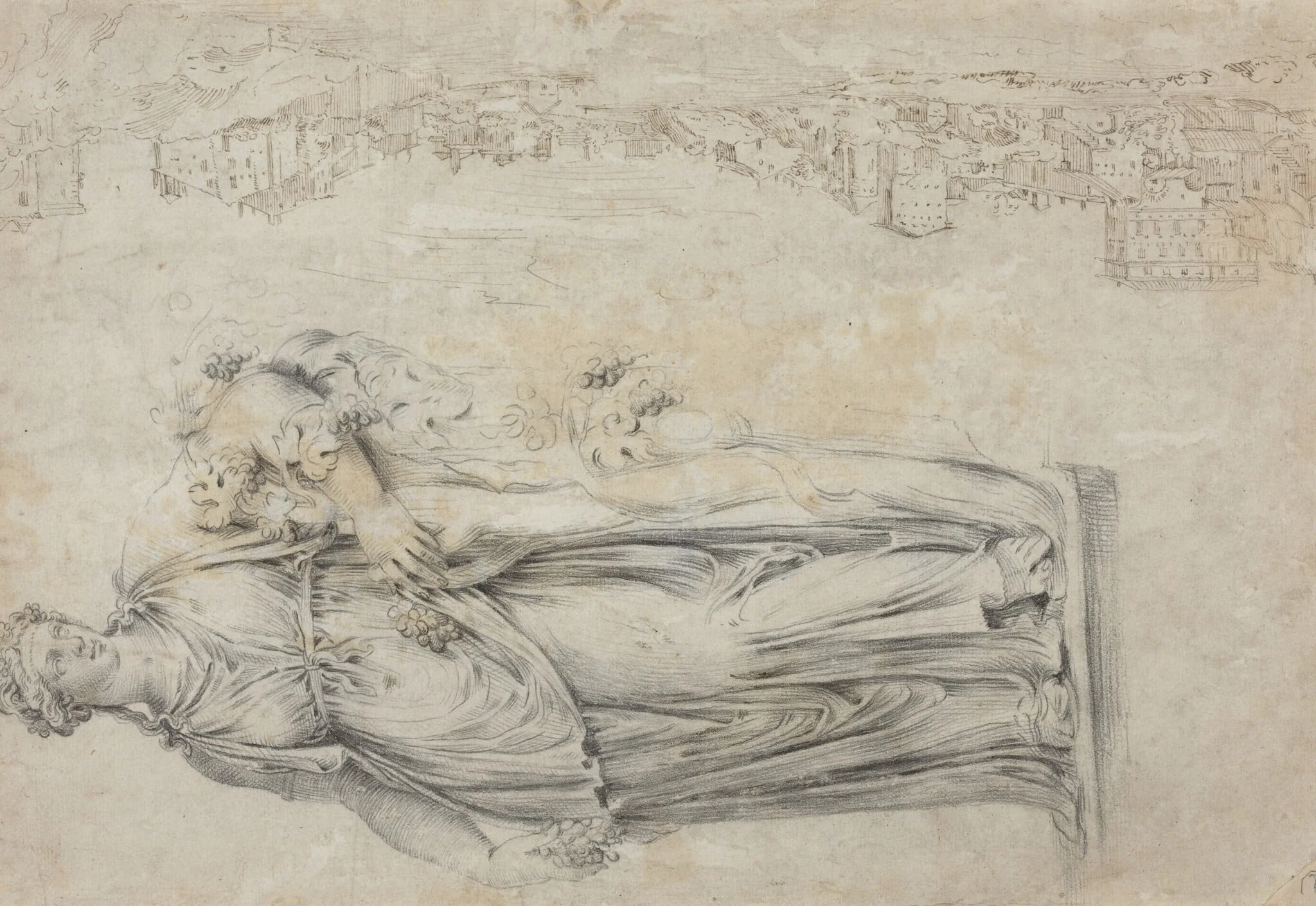 View of the Tiber; Copy of a Roman Sculpture of a Bacchante [verso], detail