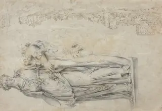 View of the Tiber; Copy of a Roman Sculpture of a Bacchante [verso], by Étienne Dupérac, chalk, 1559