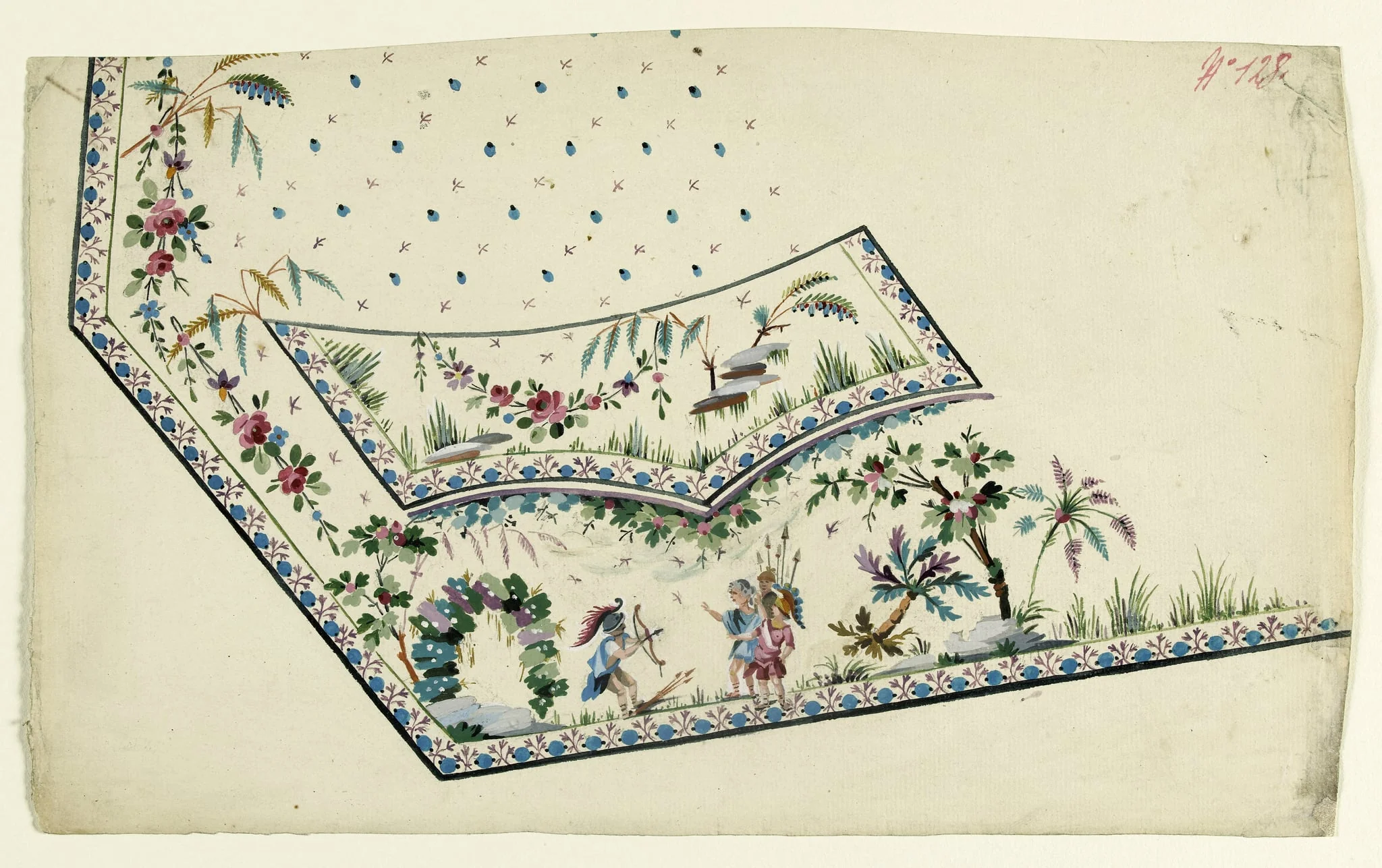 Gilet décor de paysage avec guerriers, projets de broderies de gilet, XVIIIème siècle, detail