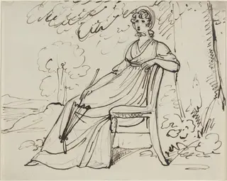 A Lady Seated with a Parasol, by Samuel Woodforde, ink