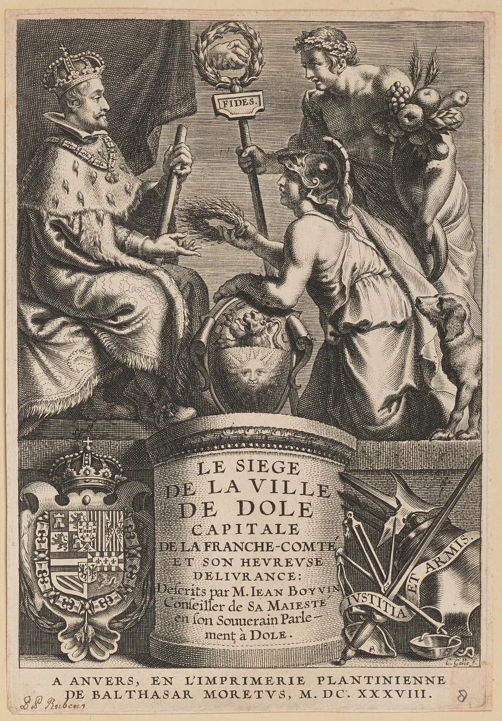 Title Page for Jean Boyvin, Le Siege de la Ville de Dole, by Cornelis Galle I, ink, 1638