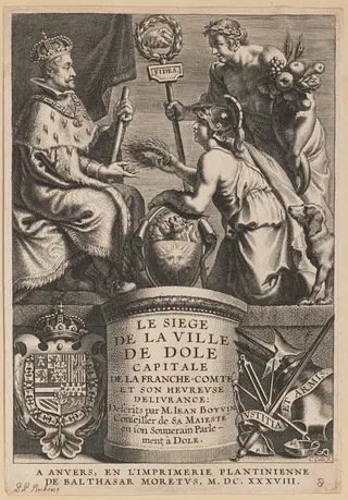 Title Page for Jean Boyvin, Le Siege de la Ville de Dole, by Cornelis Galle I, ink, 1638
