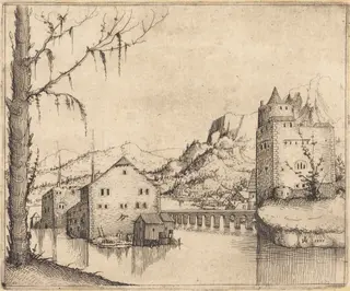 River Landscape with Two Buildings, by Augustin Hirschvogel, ink, 1545