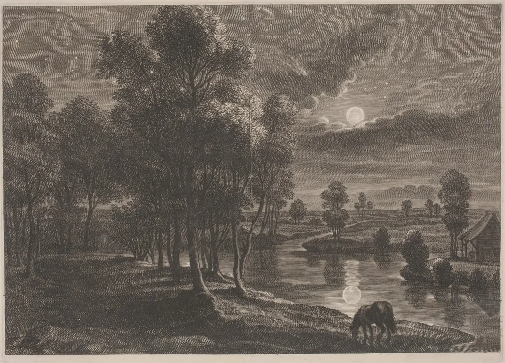 Moonlit River Landscape, by Schelte Adams Bolswert, ink, 1622