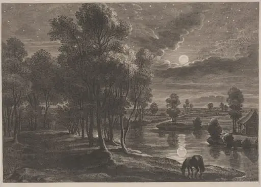 Moonlit River Landscape, by Schelte Adams Bolswert, ink, 1622