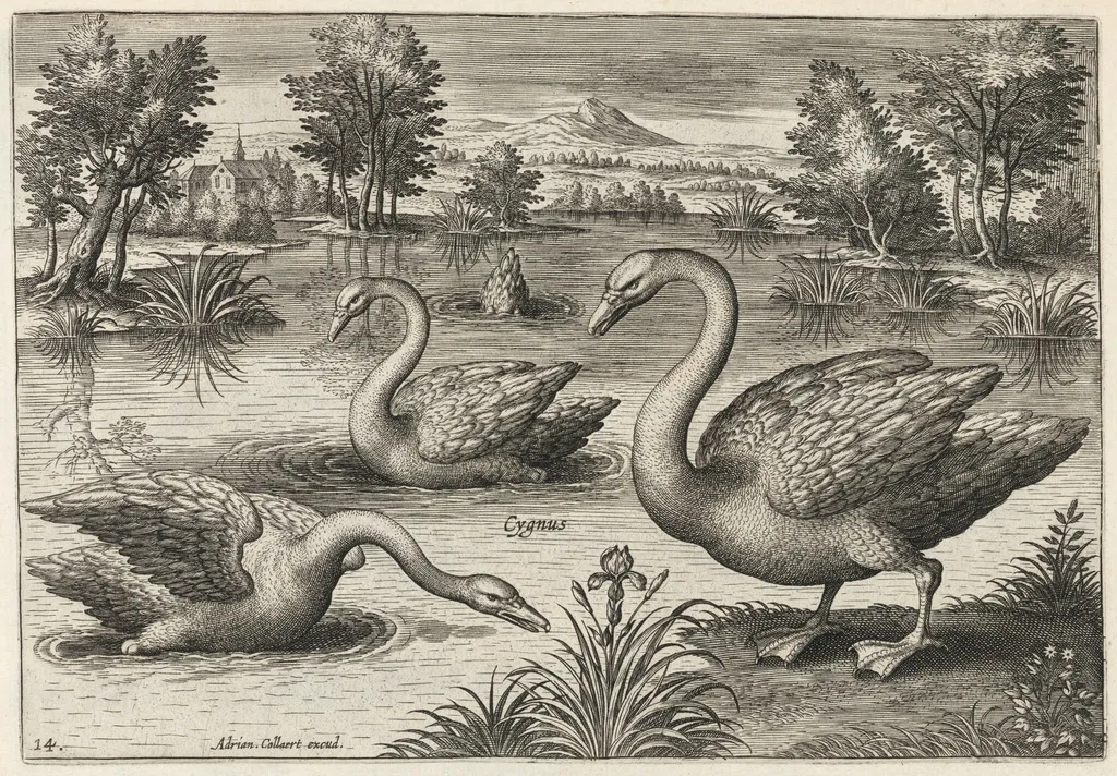 Three Whooper Swans, by Adriaen Collaert, ink, 1600