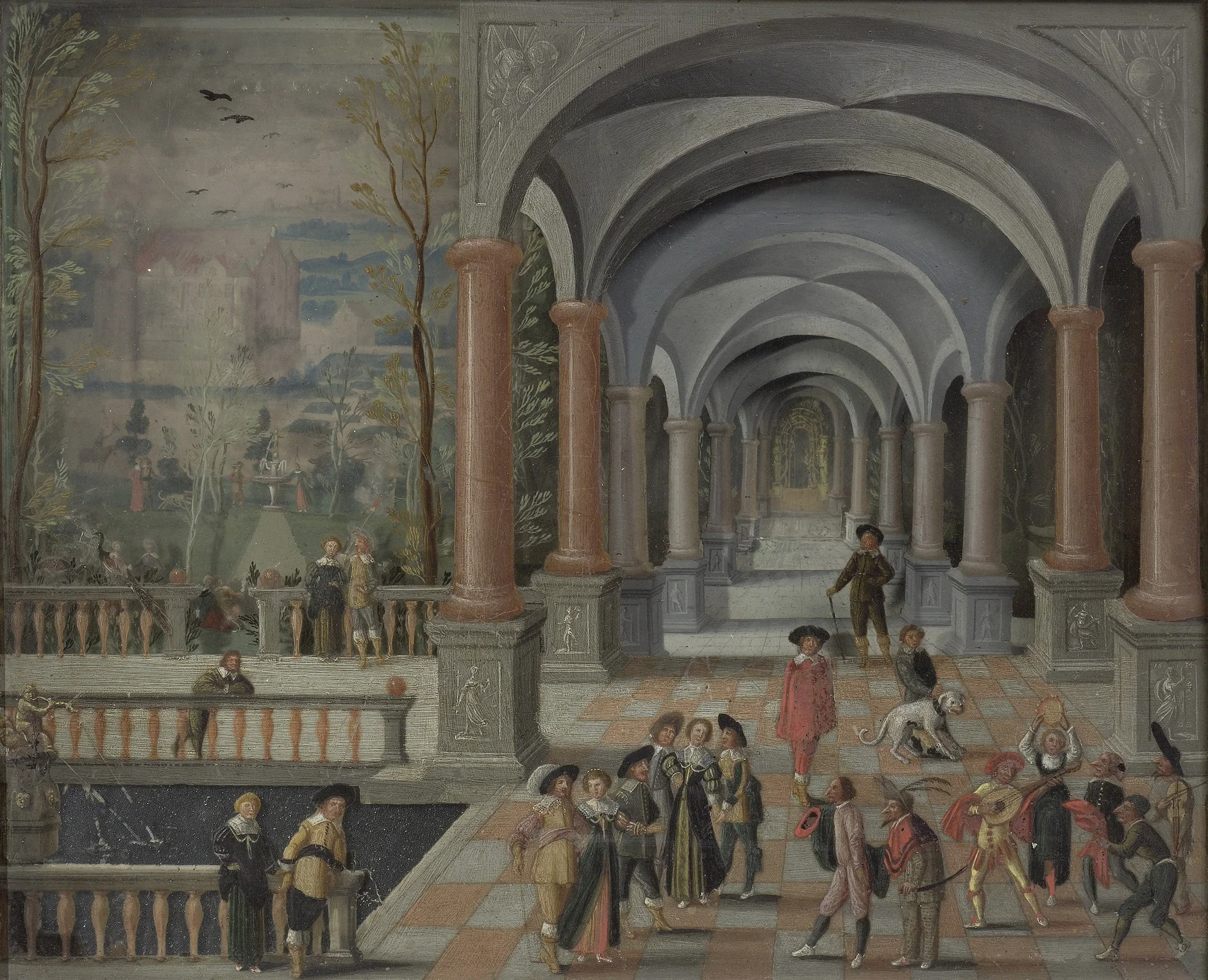 Festive Gathering and Figures from a Commedia dell'Arte in a Gallery, detail